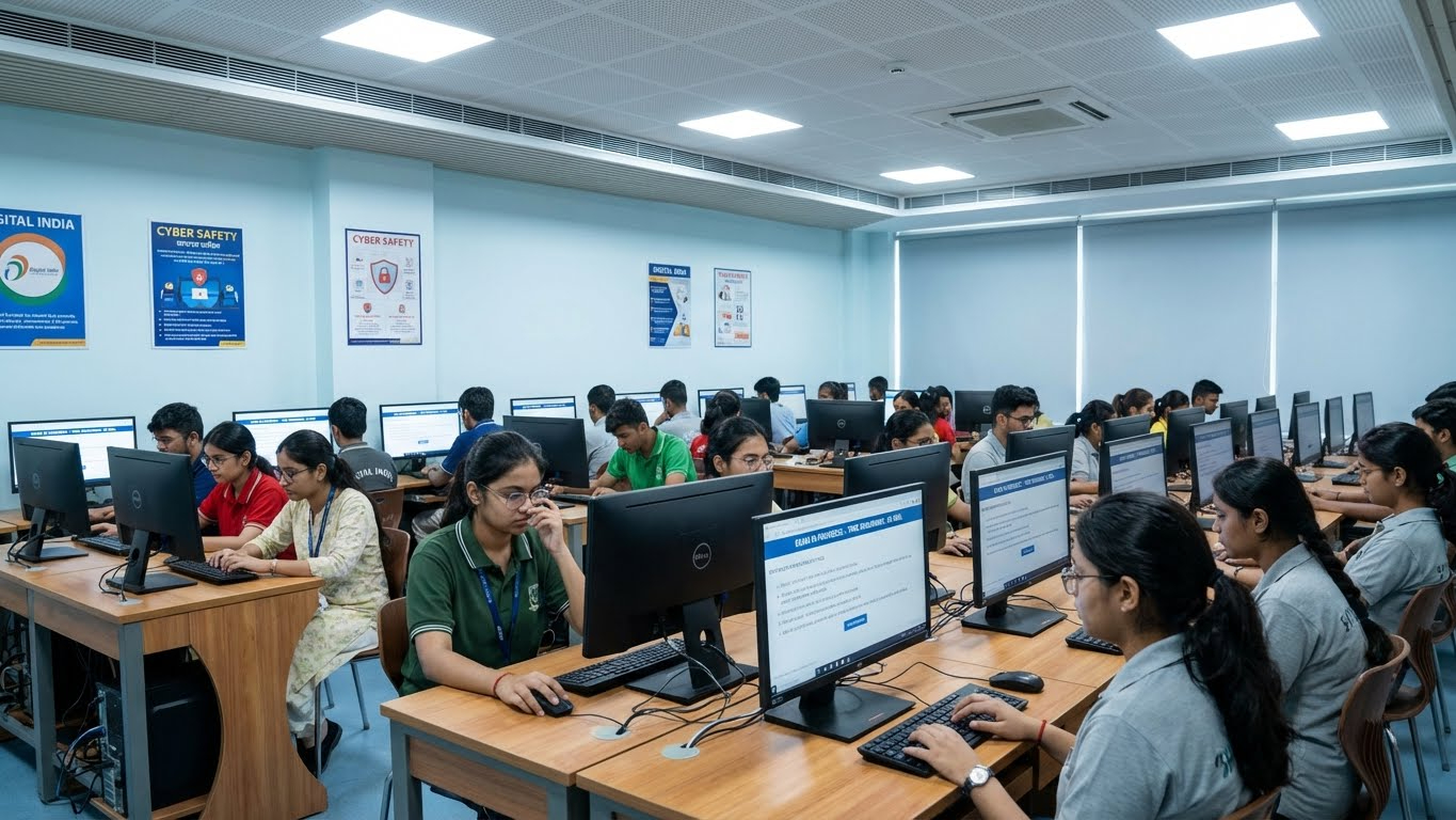 Students preparing for online scholarship exam
